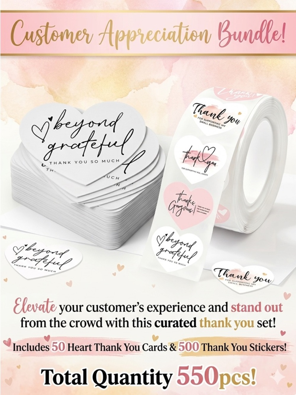 50 Thank You Cards & 500 Stickers Bundle